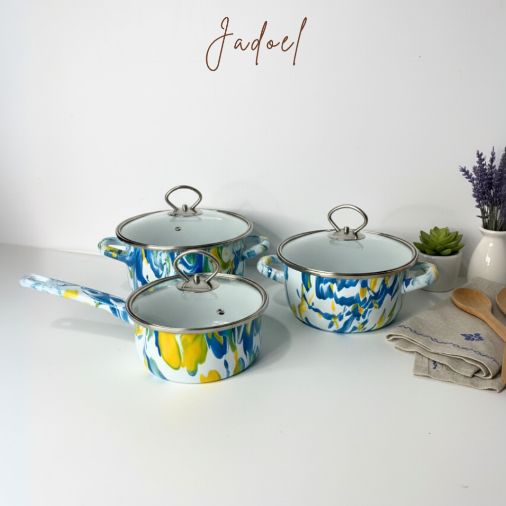 Panci Enamel Sky Blirik Tutup Kaca Ukuran 16, 18, 20cm / Panci Susu Enamel / Panci Sup Gaya Jadoel S