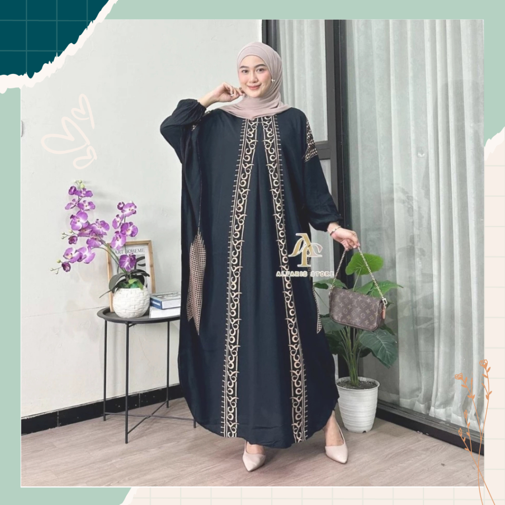 Kaftan Ruby Dress Daster Rayon Premium Ringan Lembut Rempel Busui Lengan Panjang Homedress Motif Bat