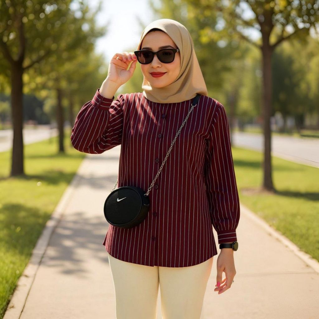 Kemeja Salur Oversize | Atasan Wanita Bahan Semiwoll Salur Oversize jumbo
