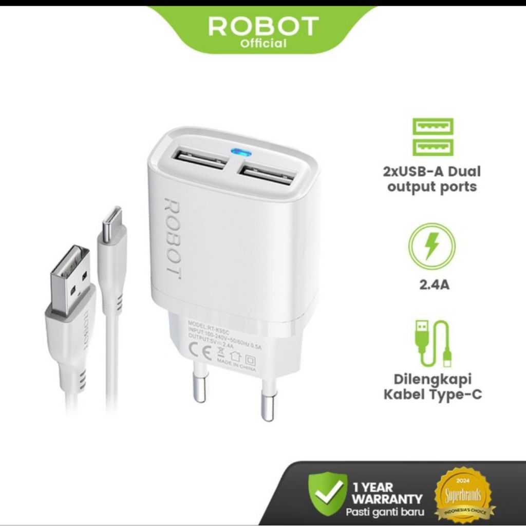 Charger Robot Type C RT-K9SC 2,4 A Travel Adapter 2 USB Fast Charging