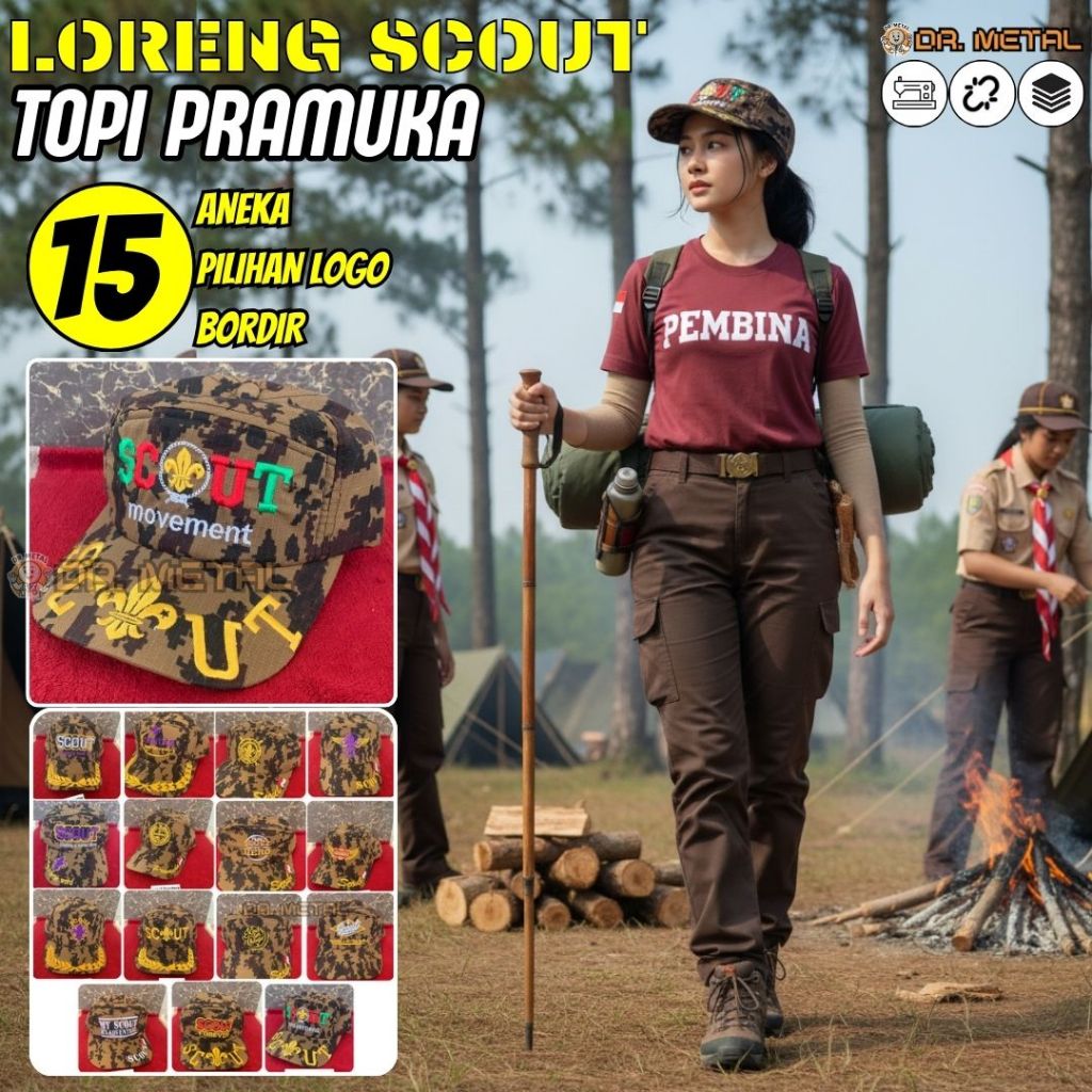 Topi pet loreng pramuka Atribut Pembina Aneka Model Logo Bahan ripstok Tali Belakang strap rel