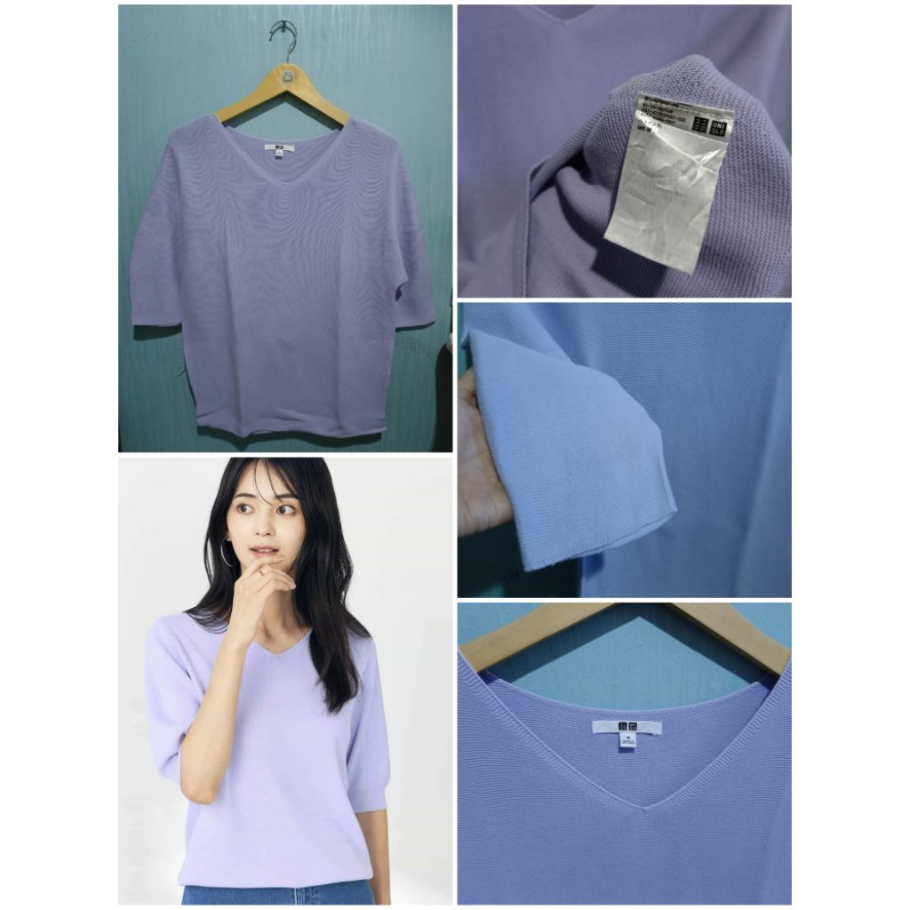 uniqlo 3D Cotton V-neck Pull Half Slevee Sweater size M Lilac
