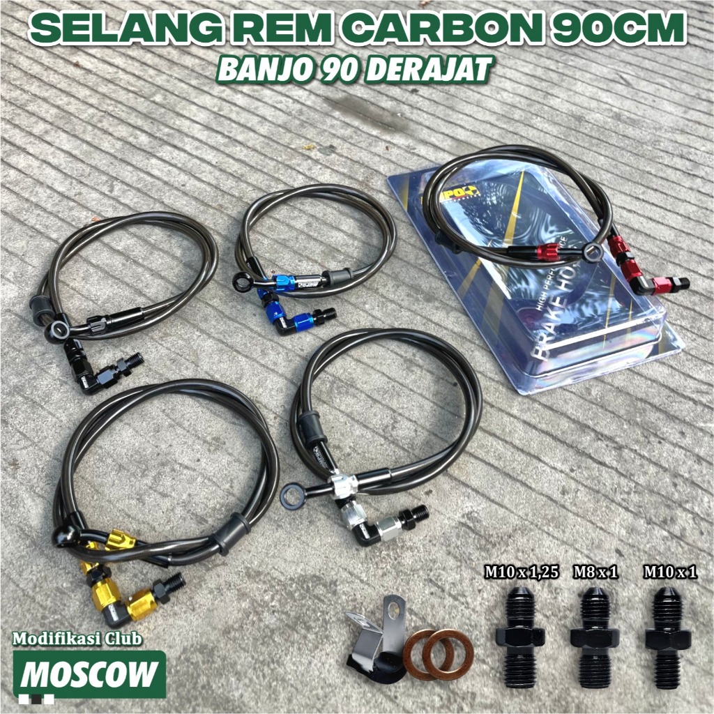 Selang Rem Depan Variasi Selang Rem 90CM Serat Black KABEL SELANG REM 90 DERAJAT FITTING BANJO CNC W