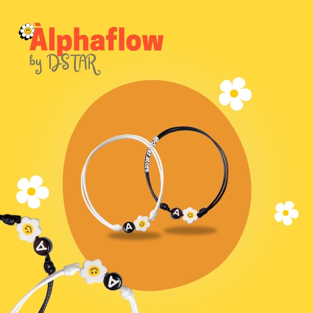 DSTAR - Alphaflow gelang huruf tali hitam manik alfabeth hitam dan bunga putih smile kuning couple p