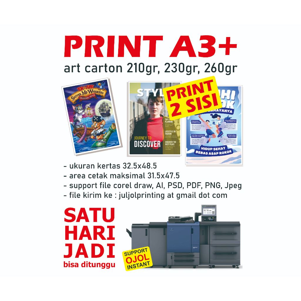 cetak 2 sisi cetak murah print digital A3+, poster, cover, Art Carton 210, 230, 260gr cetak 2 sisi