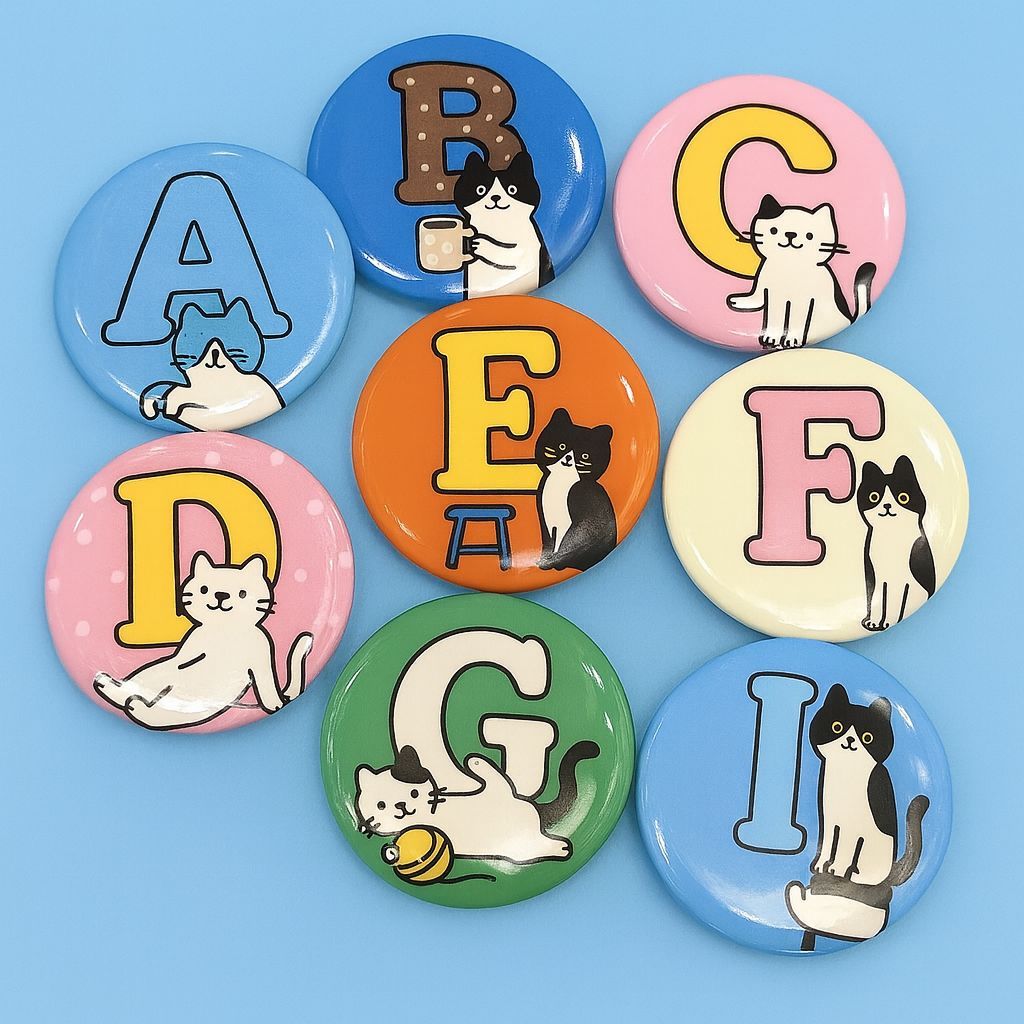 Fridays - Pin Bros Kucing Lucu Huruf Alfabet A–Z / Button Badge 44mm / Pin Kartun Kucing Imut pin ku