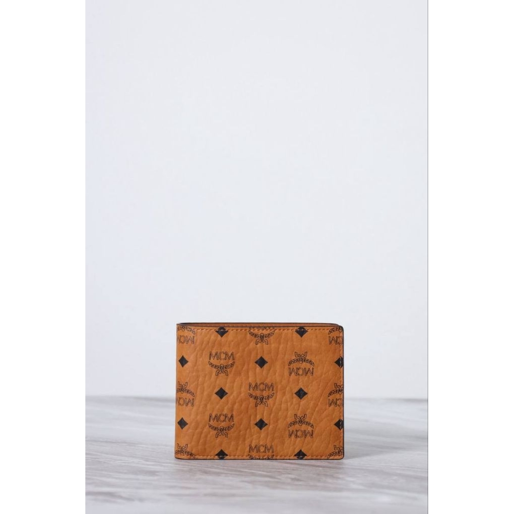 MCM Small Original Bifold Wallet in Cognac Visetos Leather with Card Holder