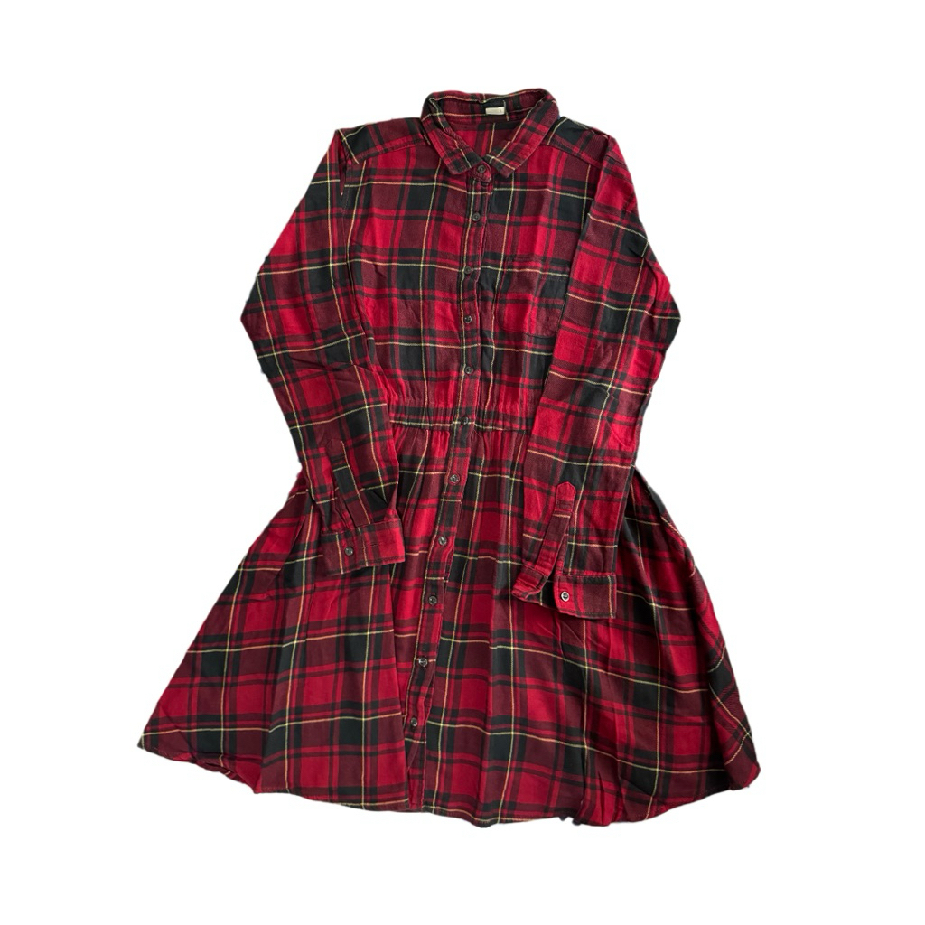Dress Kotak-Kotak Merah Lengan Panjang – Kemeja Dress Flanel Wanita Casual Vintage Style