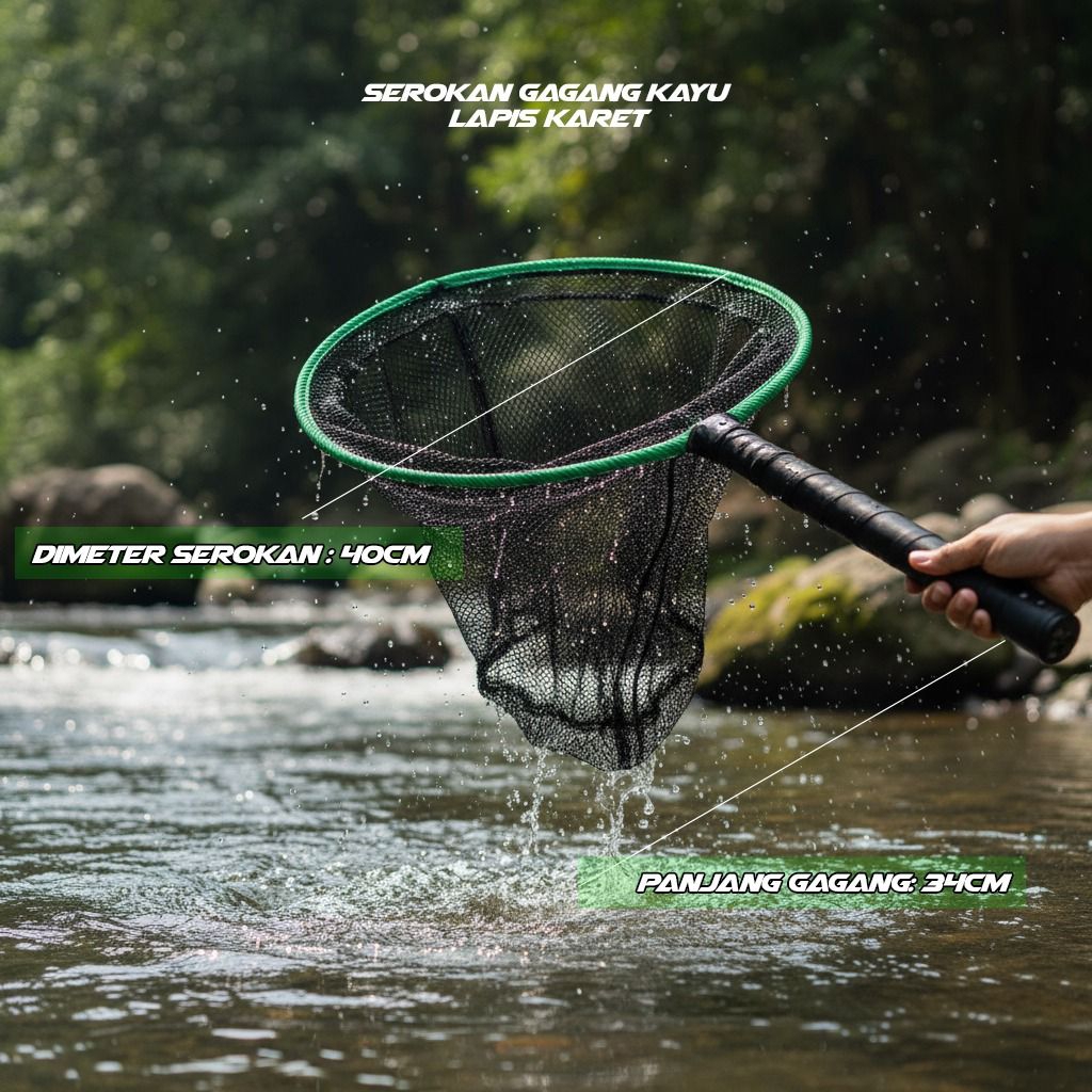 Serokan Seser Ikan Gagang Kayu Lapis Karet Diameter 40cm untuk serok Kolam pemancingan