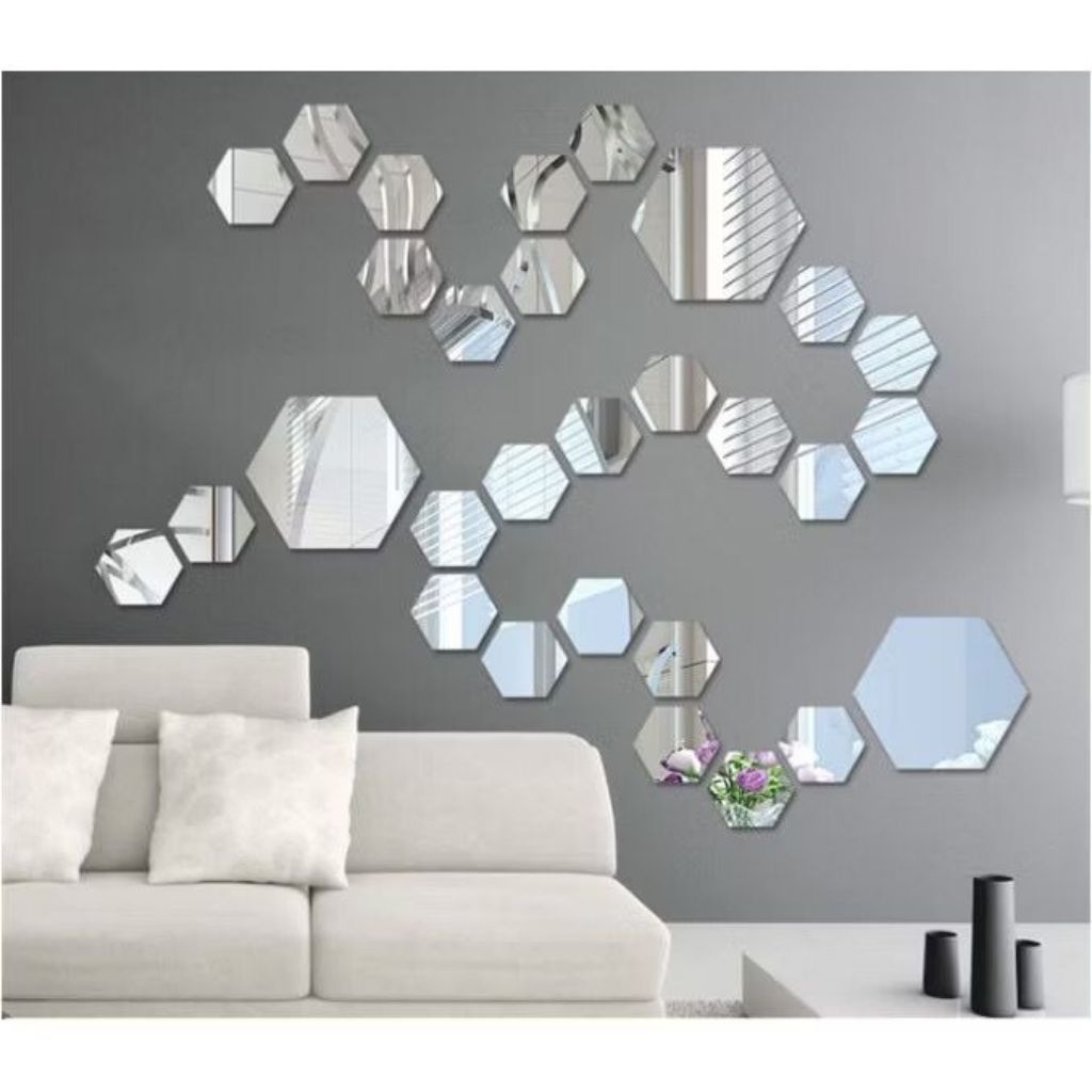 12 PCS BESAR CERMIN KACA HEXAGONAL MIRROR DEKORASI HIASAN DINDING KAMAR STICKER-KACA-HEXAGONAL