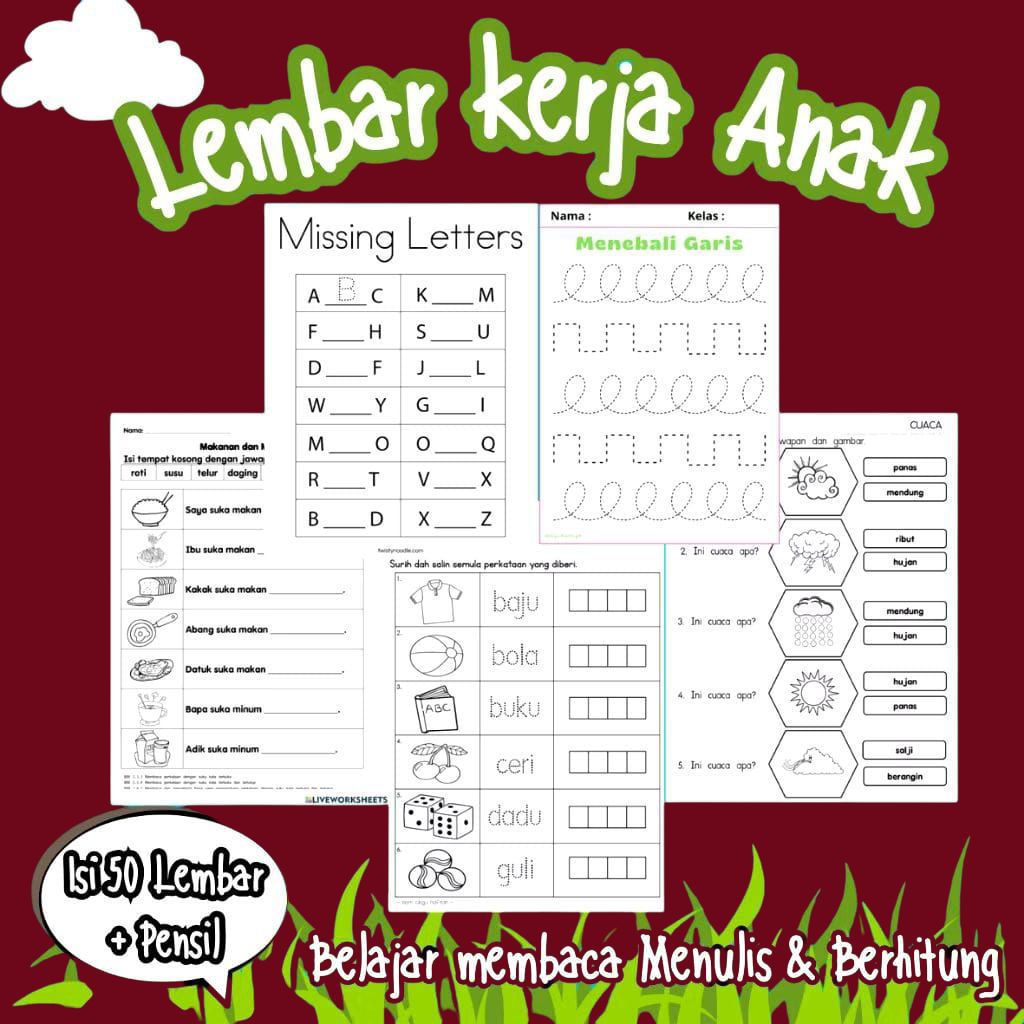 50 LEMBAR KERJA ANAK WORKSHHET/LEMBAR KERJA ANAK TK ANAK SD/SUDAH DAPAT BONUS PENSIL 2B