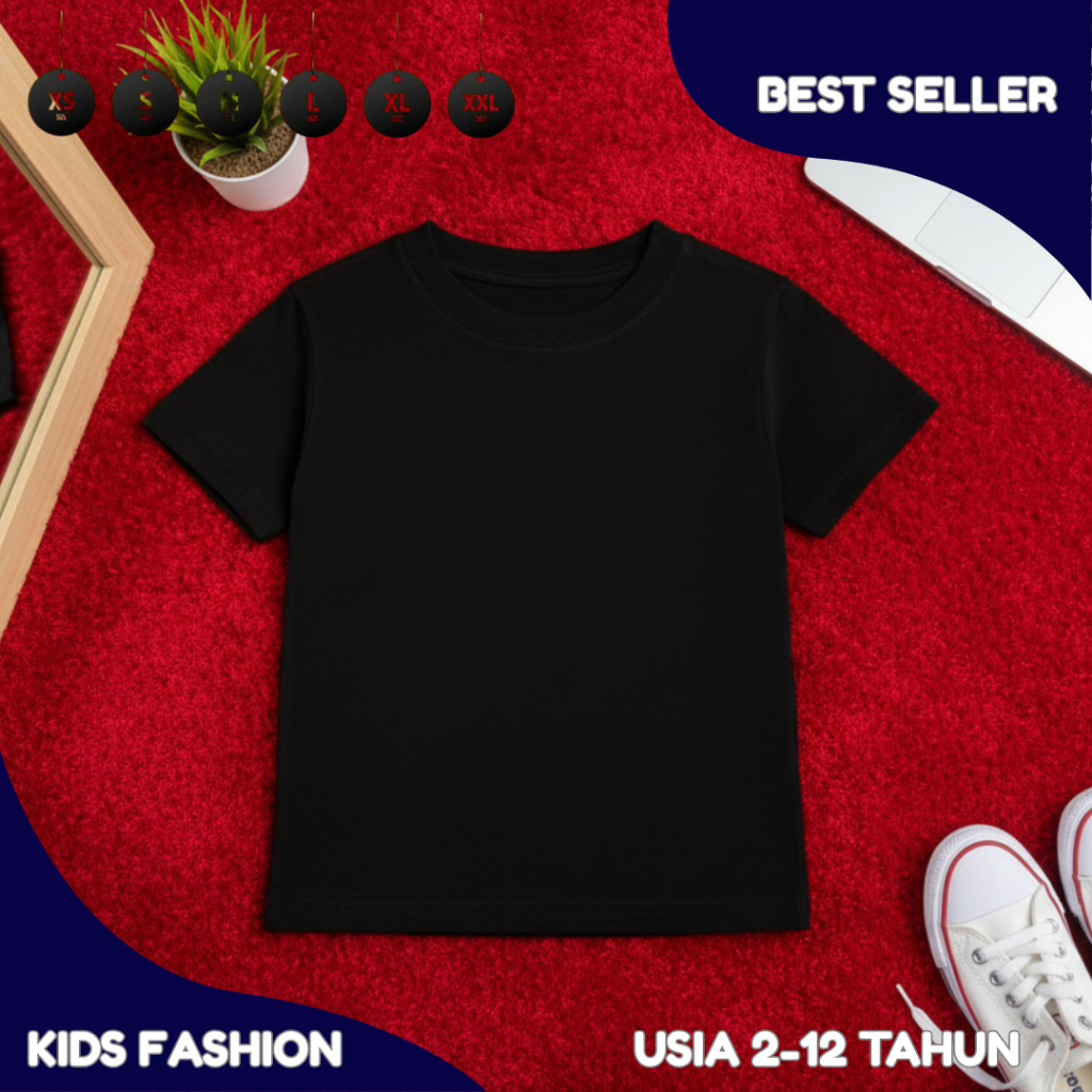Kaos Polos Anak Hitam Basic Unisex Usia 2-12 Tahun