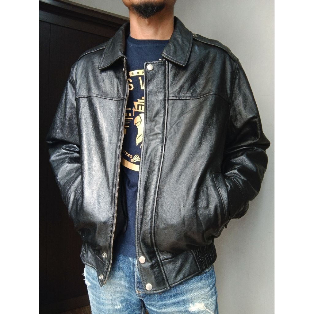 Flight Leather Jacket - Jaket Kulit Pilot Klasik Retro Vintage Casual Pria Unisex Branded Preloved S