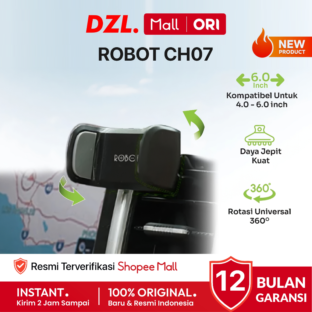 DZL - ROBOT CH07 Car Holder 360° Dudukan HP Dashboard Mobil AC Jepit Silicon Strong Handphone Ori