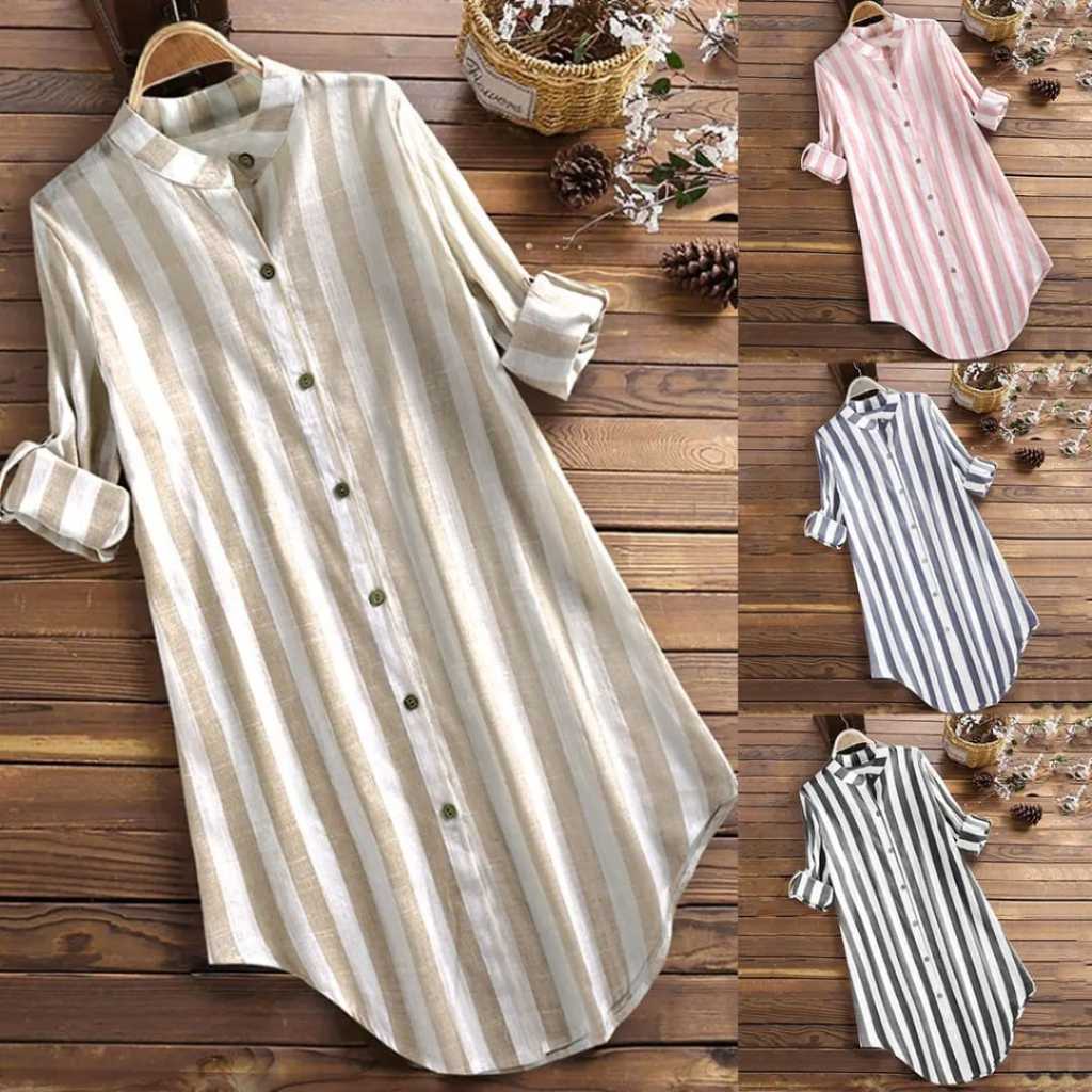 Tunik Wanita Jumbo Lengan Panjang / Tunik Salur Atasan Muslim Motif Salur Bahan Katun Premium