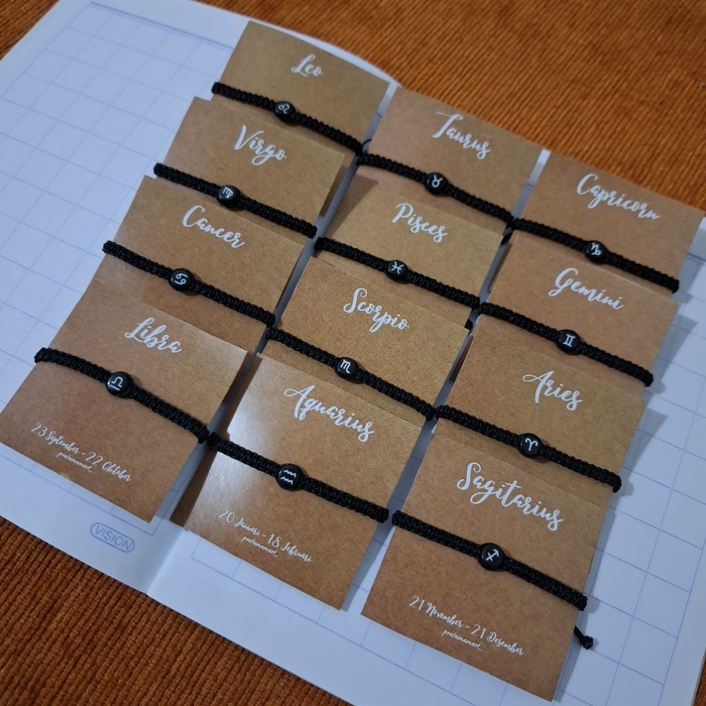 Gelang manik zodiak tali hitam rajut model serut adjustable gelang wanita /pria unisex model simple 