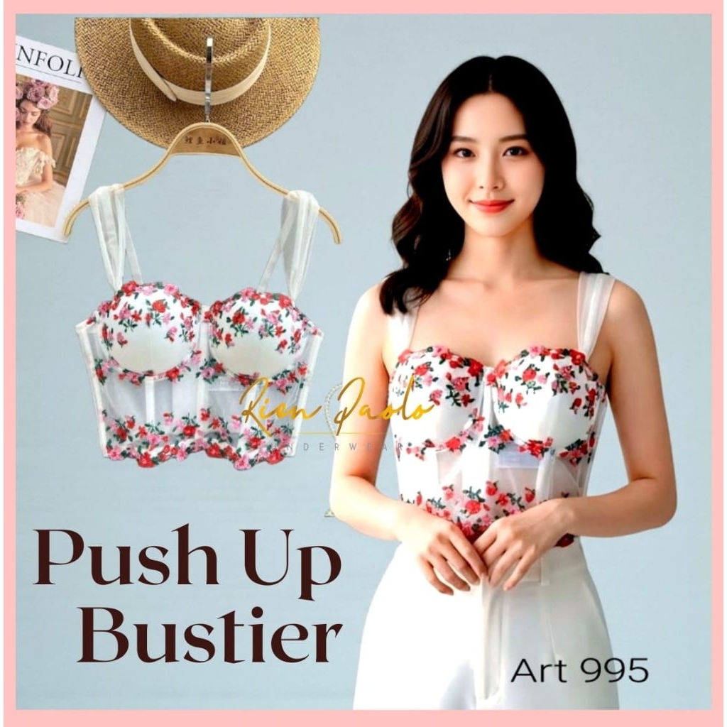 Bra Korset BH Set Sexy Hot Bustier Lingerie Kawat Motif Bordir Bunga Transparan Seamless Premium Rie