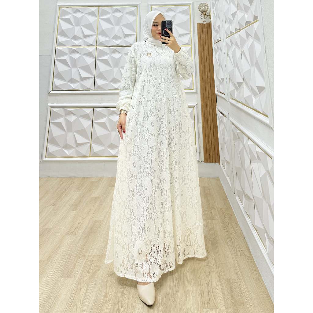 Gamis Wanita Brukat Wudhu Friendly | Gamis Elegan Muslimah All Size - Aluna Dress
