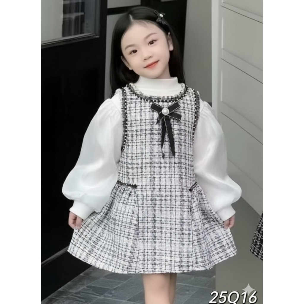 Dress Kotak Kotak Model 2in1 Anak Perempuan Usia 1-4 Tahun | Baju Katun Lengan Panjang Balon Tile Sa