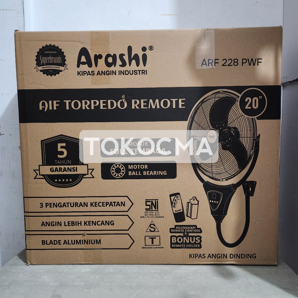 Arashi Torpedo Wall Fan Remote 20 Inch ARF 228 PWF Kipas Angin Dinding Besi Industrial 3 Kecepatan