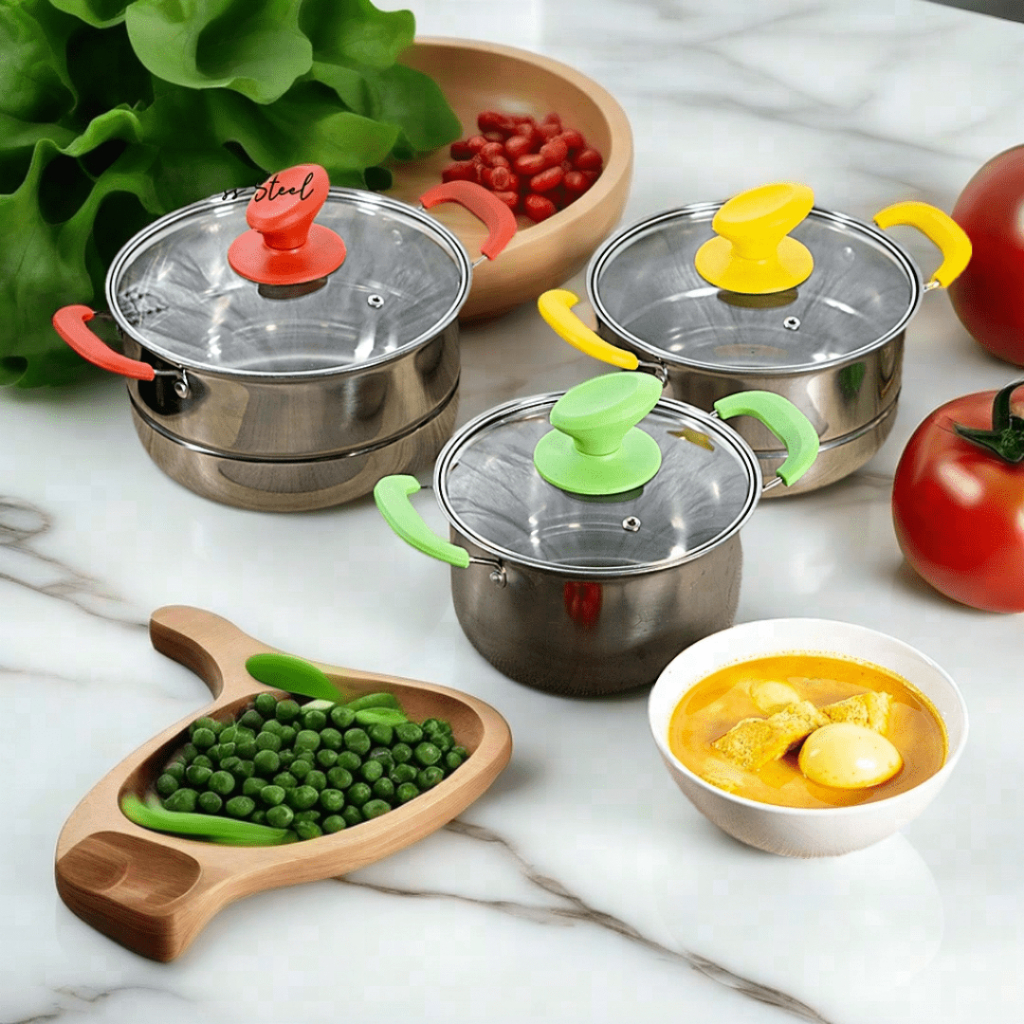 Panci Set Stainless Steel - Tutup Kaca + Kukusan Saringan - Susun 4 pcs - 16 18 20 22 cm