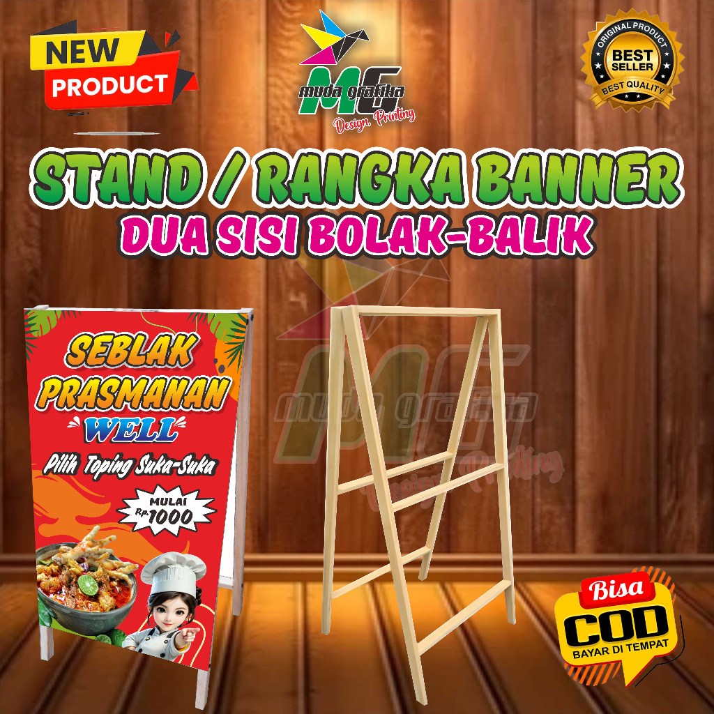 Rangka Banner l Stand Banner Kayu l dua sisi bolak balik