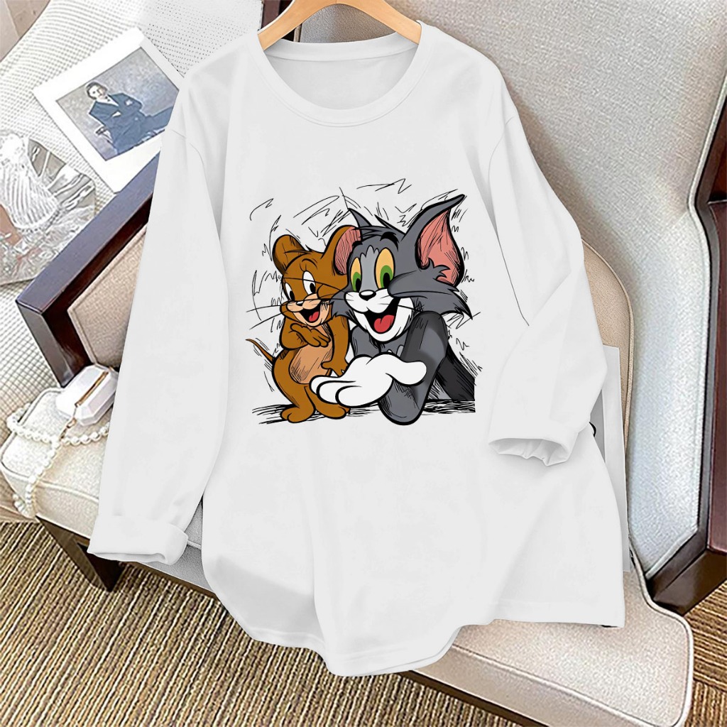 Kaos Lengan Panjang Wanita Kekinian Korean Style Cat and mouse cartoon print Tshirt Baju Atasan Wani