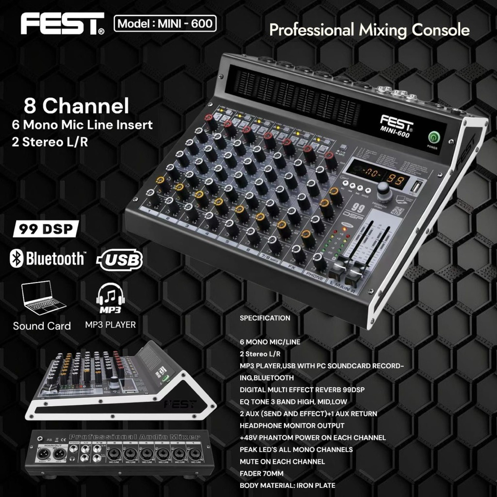 Mixer Audio FEST MINI-600 8 Channel Bluetooth USB Soundcard 99 DSP Reverb mini600