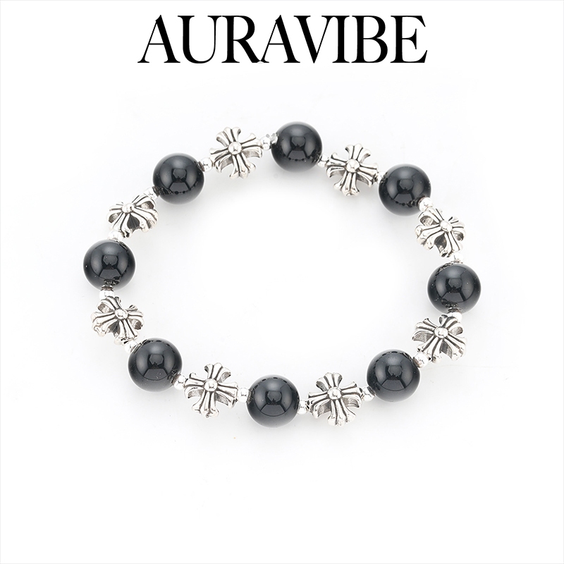 AURAVIBE Gelang Pria Titanium Steel & Batu Obsidian - Desain Salib Retro yang Mewah (Terbaru)