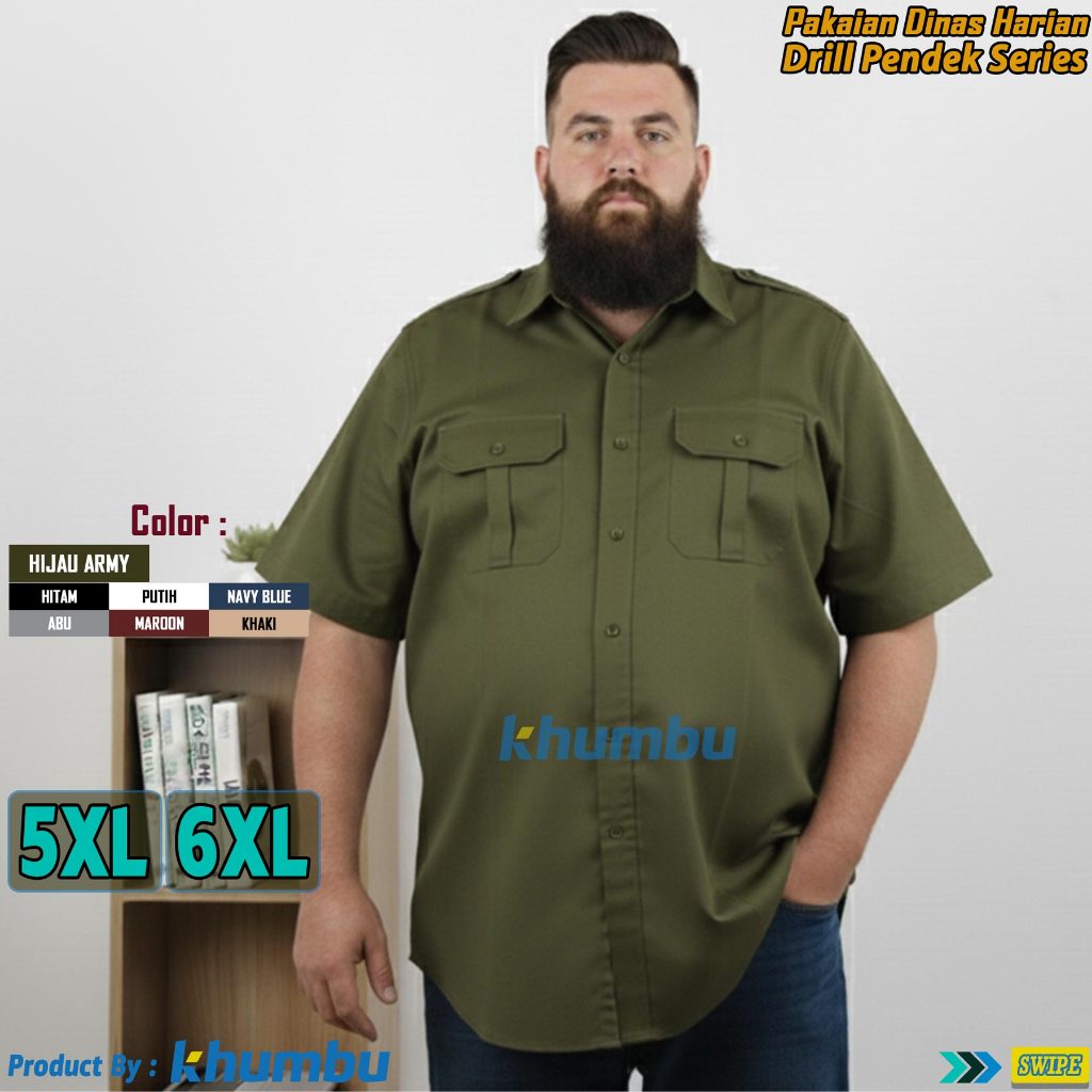 Kemeja Kerja PDH Lengan Pendek Drill Series Ukuran JUMBO 5XL-6XL Warna HIJAU ARMY – Pakaian Dinas Ha