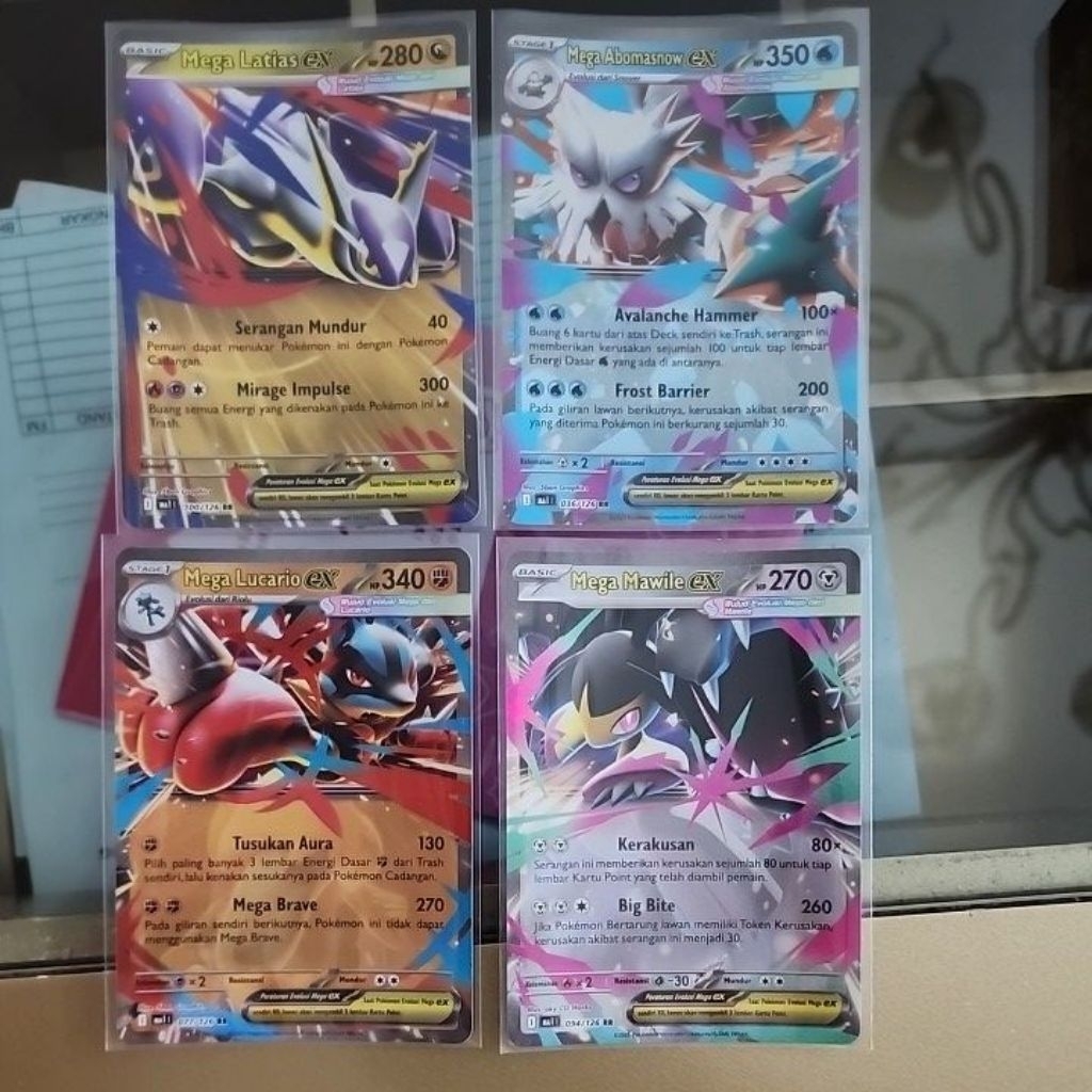 pokemon- mega latias ex, mega abomasnow ex, mega lucario ex, mega mawhile ex rr.