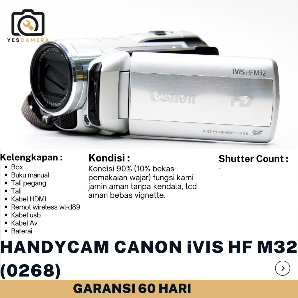 Handycam Canon ivis HF M32 Silver (Bekas) - 3,89MP, Full HD, Zoom Optik 15x, Touch Panel LCD, Smart 