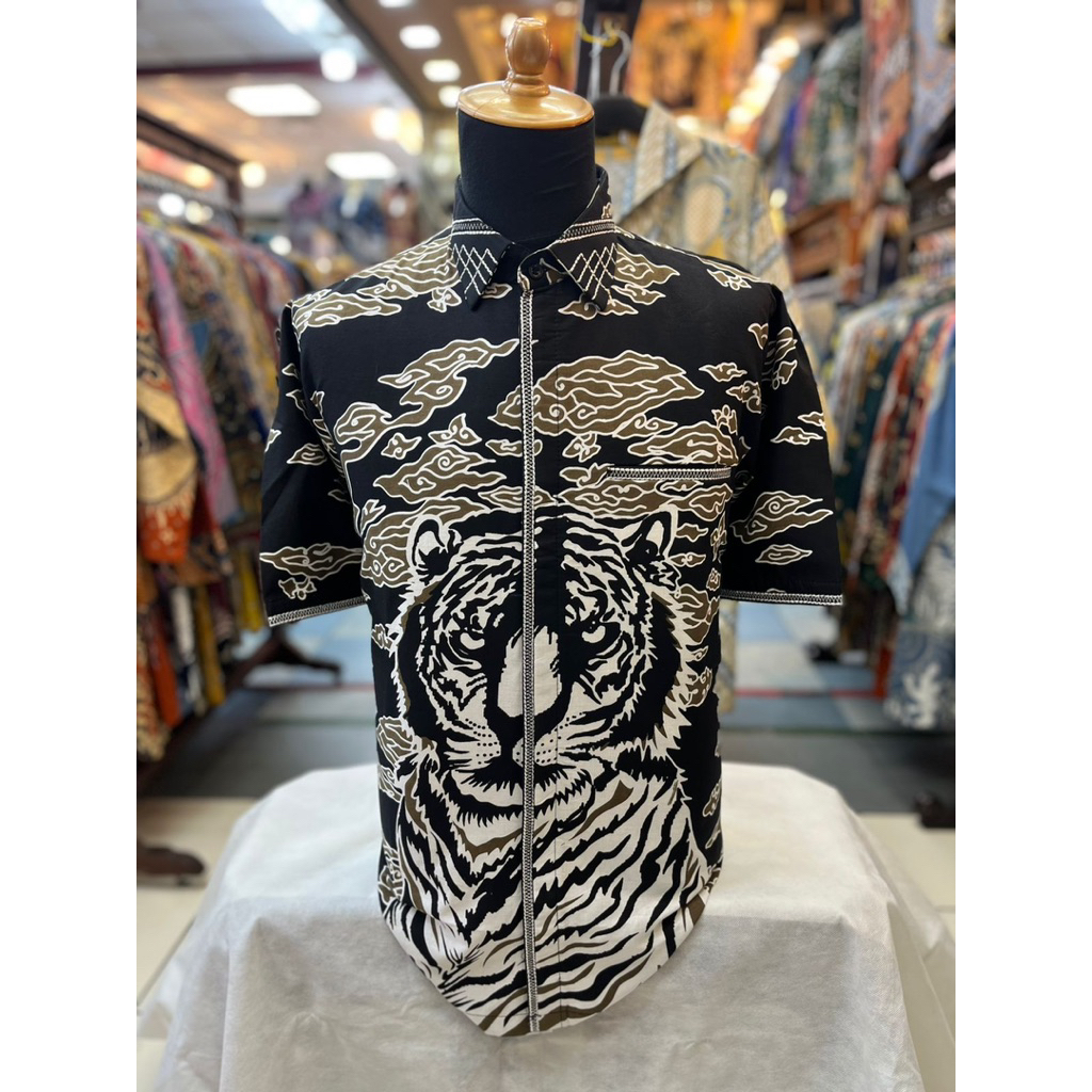 New kemeja batik pria katun smock bordir motif harimau