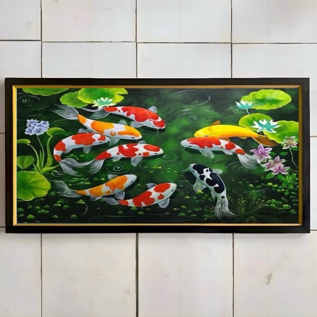 Hiasan dinding Pigura Lukisan cetak plus bingkai siap pasang gambar ikan koi berbagai ukuran BISA CO