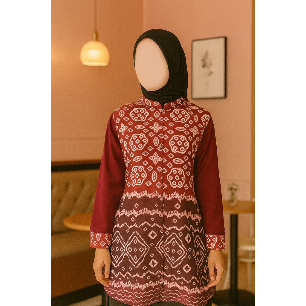 Tunik Jumputan Palembang | Dolby Printing | Kombinasi Katun Toyobo | Resleting Depan