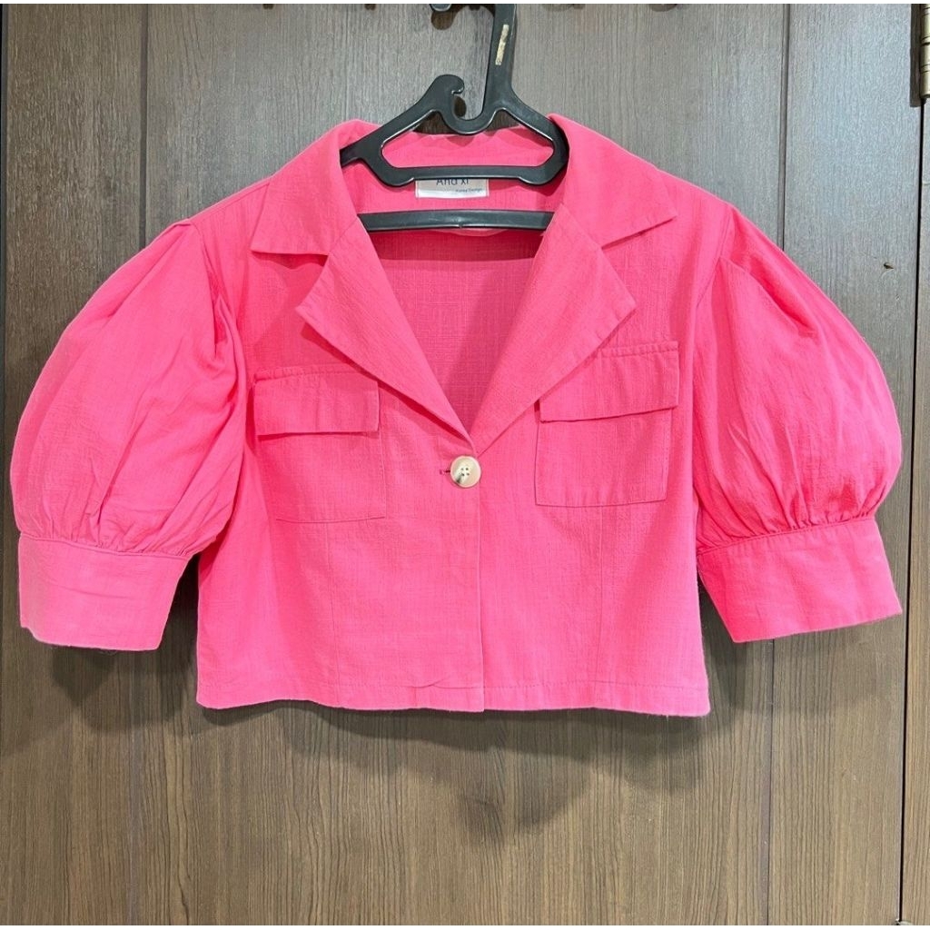 Atasan Top Crop Semi Blazer Pink Fuschia Linen Super Premium Bangkok Original Lengan Balon Kancing A