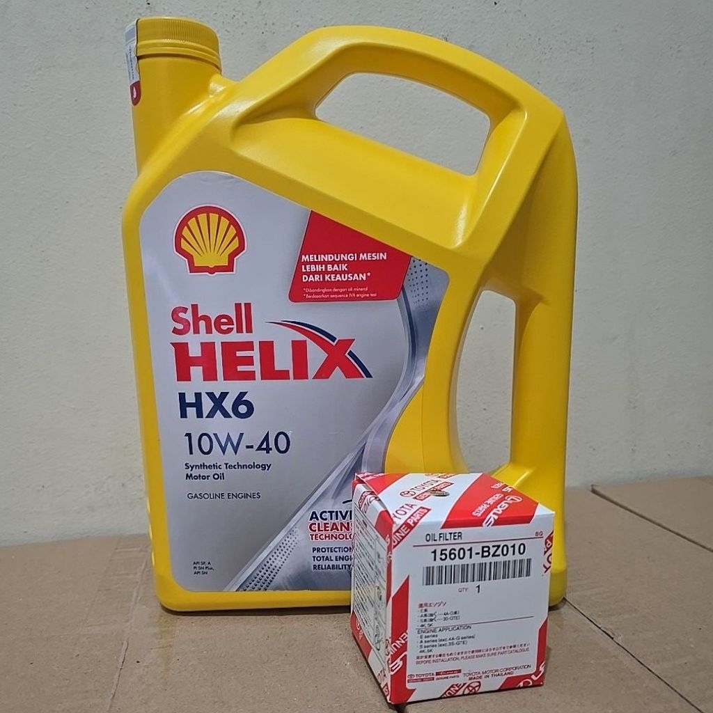 OLI MESIN MOBIL SHELL HELIX HX6 10W-40 DAN FILTER OLI TOYOTA 15601- BZ010 ORIGINAL BARCODE HIJAU AVA