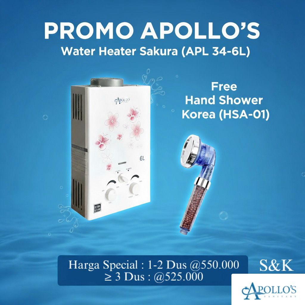 Water Heater Apollo Gas Motif Sakura GRATIS Hand Shower Korea Sistem Pemanas Otomatis