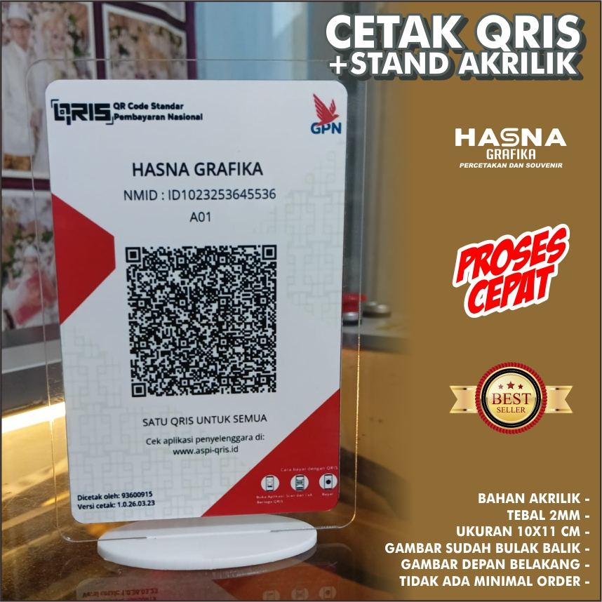 Cetak QRIS Ukuran A6 (10x15 cm)  / CETAK QRIS PLUS DUDUKAN / STAND AKRILIK QRIS / CETAK QRIS PLUS AK