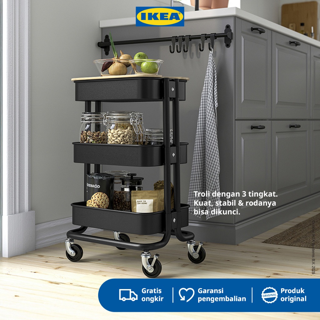 IKEA RASKOG Troli Dapur dengan 3 Rak Hitam Serbaguna 28x38x61cm