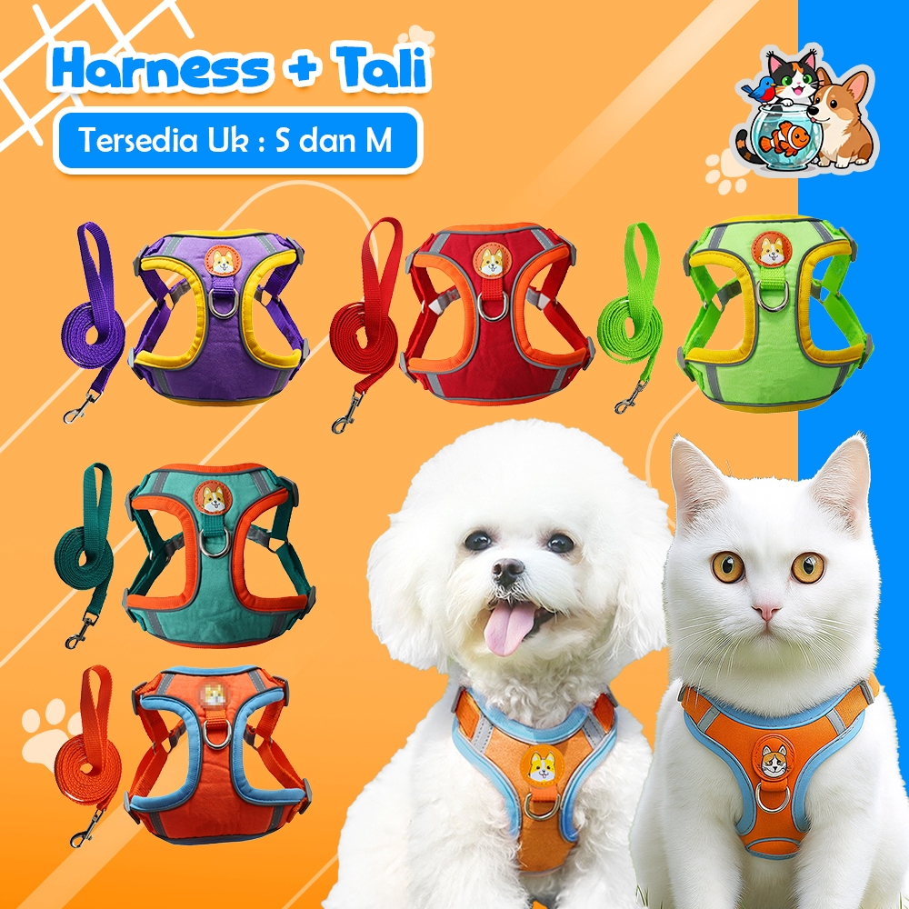 Harness Kucing & Anjing Kecil Rompi Tali Tuntun Adjustable Lucu & Nyaman