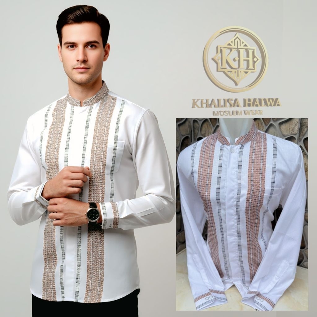 Kemeja Pria Tangan Berkancing Motif warna Bordir depan | Kemko Putih Pria Dewasa