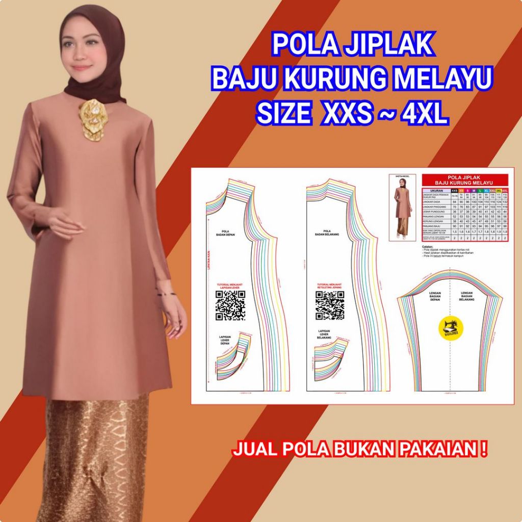 POLA JIPLAK BAJU KURUNG MELAYU | POLA MENJAHIT SEWING PATTERN