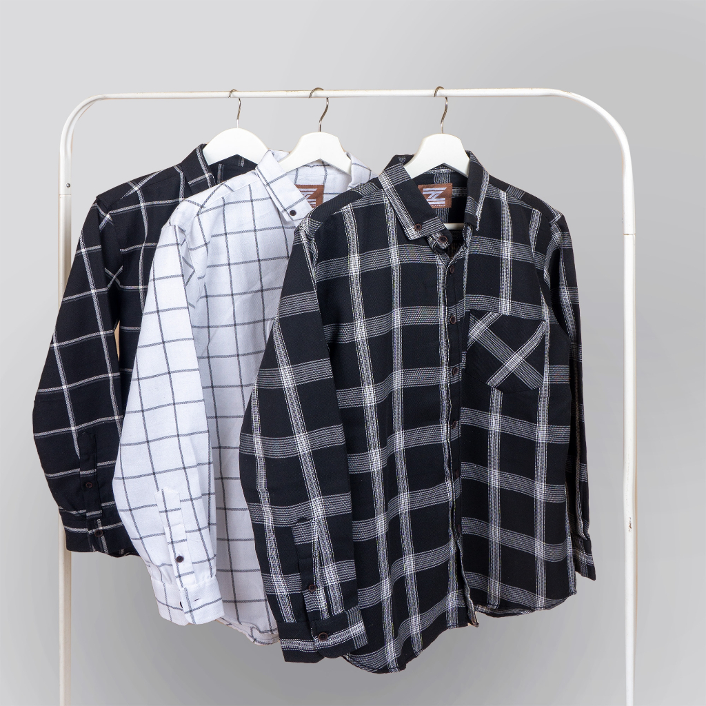 Kemeja Lengan panjang Kotak kotak Pria Dewasa Kain Flanel Super