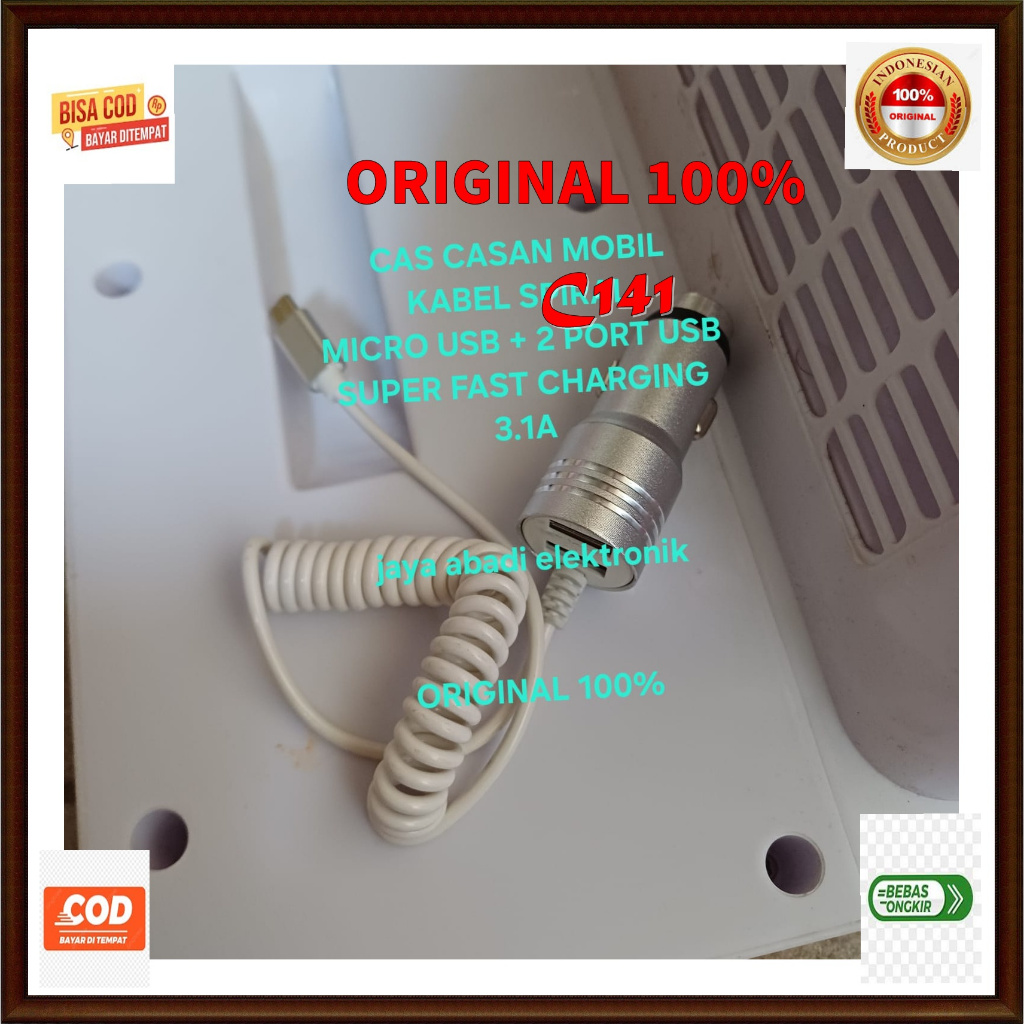 C141 100% ORI ADAPTOR SAVER 3A 3 A CAR CHARGER SPIRAL SPRING TRAVEL ADAPTER CAS CASAN MOBIL 2 USB CH