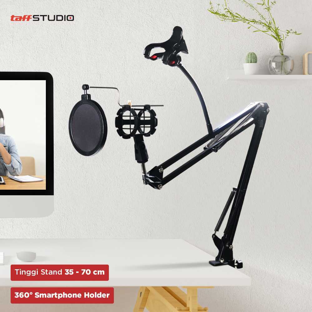 TaffSTUDIO Condenser Microphone Stand Holder 360 Lazypod Clamp + Pop Filter - NB-35 Stand Mic Meja P