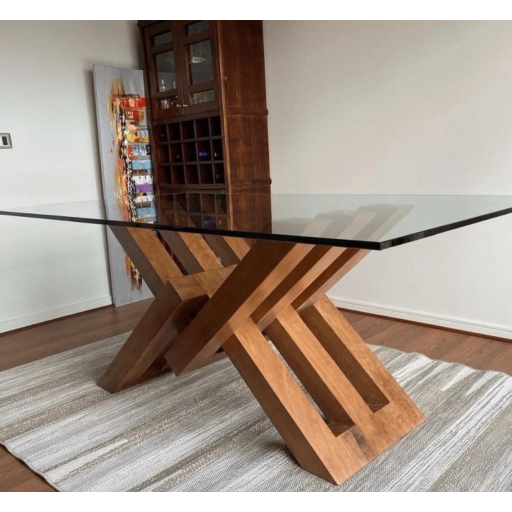 MEJA MAKAN KAYU JATI MODEL ZIGZAG - MEJA MAKAN V JATI SOLID KACA - MEJA ONLY