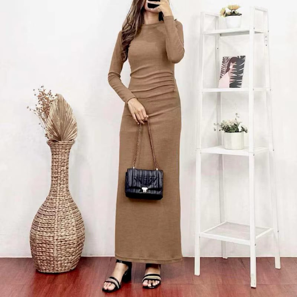 Dress Rajut Panjang Lengan Panjang Wanita – Bodycon Knit Dress Elegan