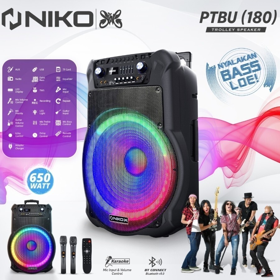 Niko Trolley Speaker Bluetooth 18 inch Bass Speaker PTBU 180 Free Mic Wireless