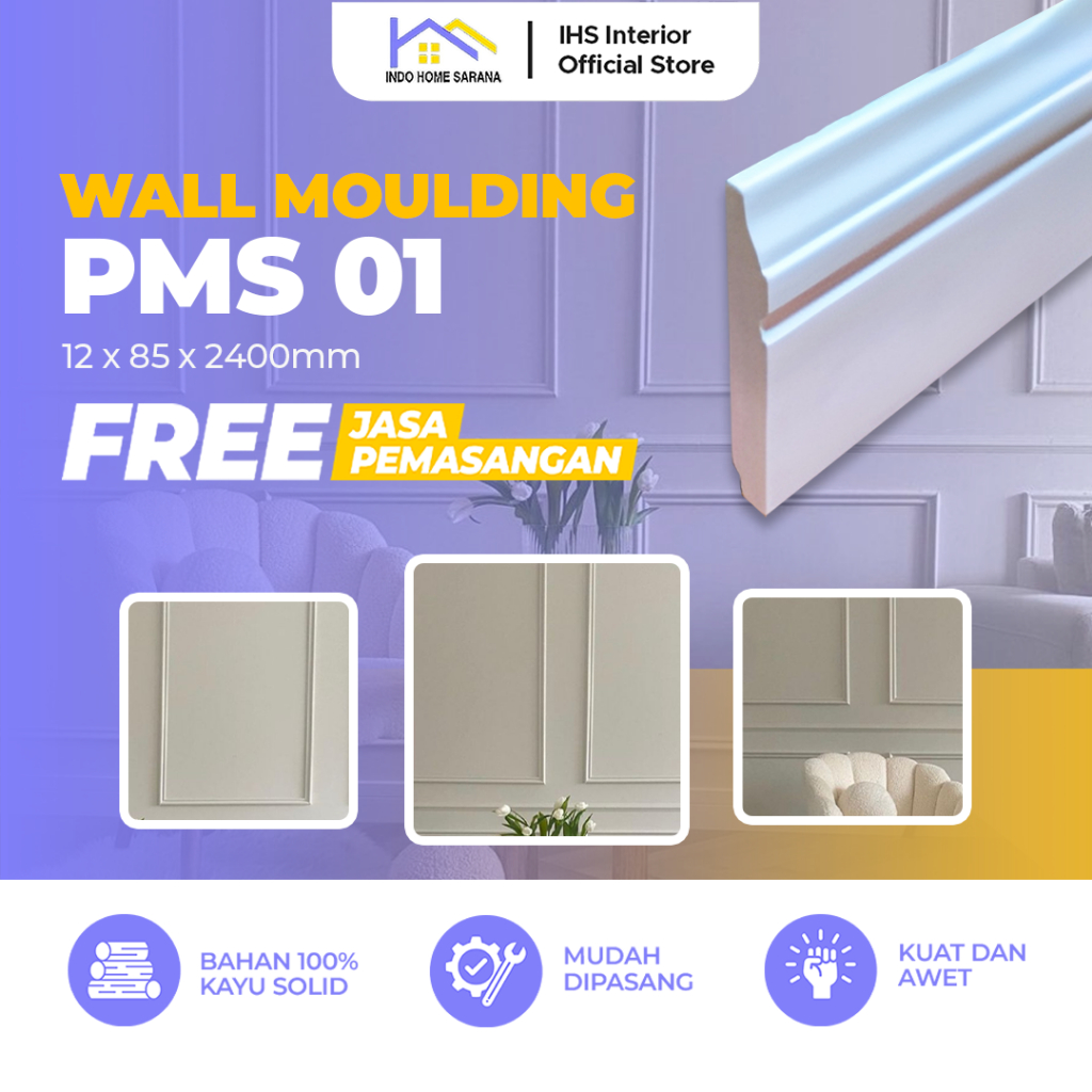 Jasa Pemasangan Wall Moulding Lis Kayu PMS 01 Ukuran 12x85x2400mm - List Profil Dekorasi Dinding